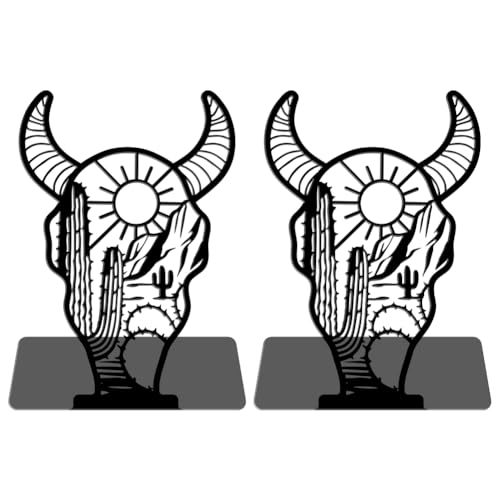 WADORN 1 Pair West Cow Skull Metal Decorative Bookend for Shelves, Heavy Duty Book Ends Modern Non-Skid Books Holder Stand Black Book Support Stoppers for Desk Bookshelf Office Home, 5.3x4.3x7.9 Inch - color: Cow Skull