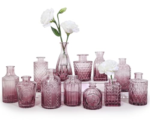 SUPMIND 12pcs Glass Bud Vase Set, Small Purple Flower Vases for Centerpieces in Bulk, Mini Vintage Vase for Wedding, Home,Table Decoration - color: Purple, size: 12Pcs