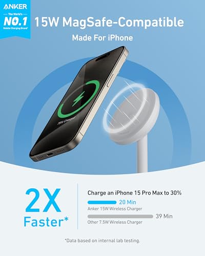 Anker MagGo iPhone 17 MagSafe Charger Compatible Stand, 15W Fast Magnetic Wireless Charging Station, Qi2 Certified 360° Wireless Charger (White, with Cable) - color: White