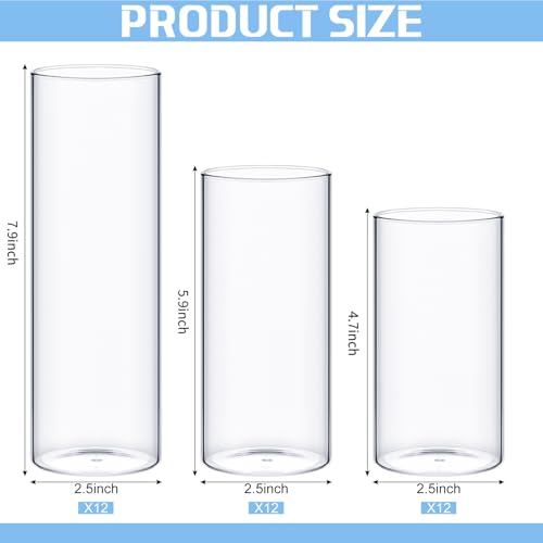 Didaey 36 Pcs Thin Cylinder Vases Set for Centerpieces 2.5'' Diameter 2mm Thickness Clear Glass Vase Hurricane Floating Candle Holder for Wedding Table Decoration (2.5'' X 5'',6'',8'')
