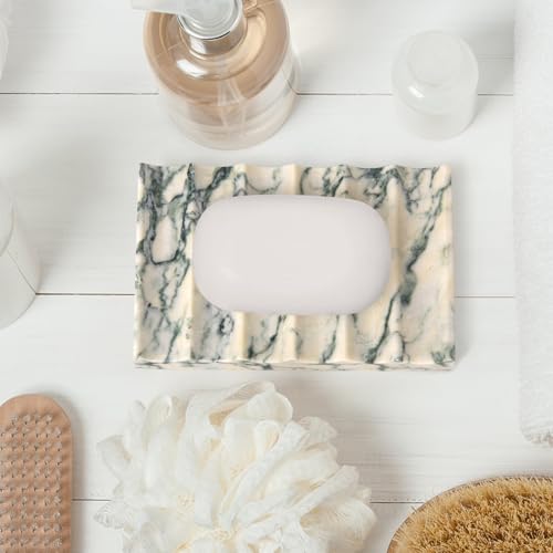 Luxury Marble Soap Dish Tray,Rectangle Stone Marble Soap Tray,Self Draining Soap Holder for Bathroom, Kitchen (Green Texture) - color: Green Texture