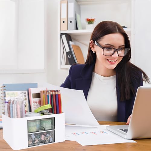 Meiikun Plastic Pen Organizer, Multifunctional Desk Organizer with 2 Drawers, 4 Compartments & a Top Tray, Pencil Holder Desktop Organizers and Accessories for Office, 7.7" x 5.5" x 3.9" (White) - color: 5 Compartments + 2 Drawer (White)