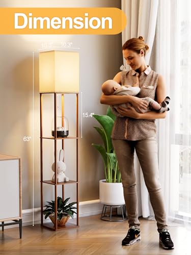 PARTPHONER Floor Lamp with Shelves for Living Room Walnut Brown 2 Pack, Shelf Floor Lamp with 3 CCT LED Bulb, Corner Display Standing Column Lamp Etagere Organizer Tower Nightstand for Bedroom - color: Walnut Brown