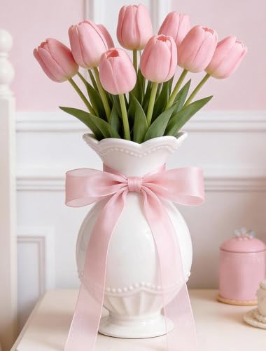 Cute Bow Scalloped White Flower Vase, Light Pink Bow Themed Coquette Girly Room Bedroom Decor, Cutecore Kawaii Princess Clean Girl Stockholm Room Bedroom Decor for Girls