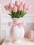 Cute Bow Scalloped White Flower Vase, Light Pink Bow Themed Coquette Girly Room Bedroom Decor, Cutecore Kawaii Princess Clean Girl Stockholm Room Bedroom Decor for Girls