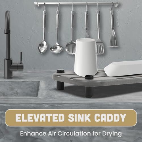 2pc Stone Drying Tray - Diatomite Sink Caddy Kitchen Sink Organizer - Water Absorbing Bathroom Counter - Absorbent Kitchen Soap Tray (Gray w Blk & Silver Feet) - color: Gray