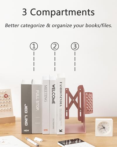 Kingsmile Book Ends, Adjustable Bookends for Shelves, Metal Bookends for Heavy Books, Book Stopper Organzier with Pen Holder for Desk, Kids Room, Office, Classroom, Library, Study Room.(Pink) - color: Pink