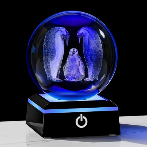 Qianwei Penguin Gifts for Women - 3D Crystal Ball 3.14'' Laser Penguin Decor Glass Animals Figurines Statue & Night Light - style: Penguin