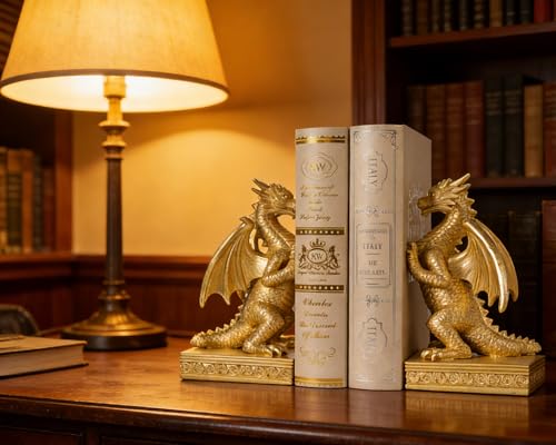 Dragon Statue Decorative Bookends for Shelves, Regal Gold Dragon Statue Home Office Decoration, Fantasy Dragon Figurine Enthusiasts Gifts - color: Regal Gold