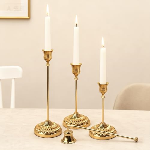 BEAHOT Gold Candle Holders, Set of 3 with Matching Candle Snuffer – Elegant Durable Non-Slip Candlestick Holders for Christmas Decorations Wedding Centerpiece, Dining Table & Home Gift Display - color: Gold 3 Pack