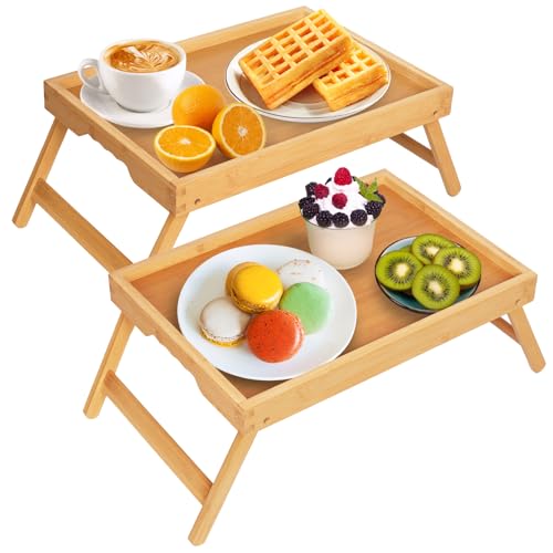 Artmeer Bed Tray Table with Folding Legs,Bamboo Breakfast in Bed for TV Table, Laptop Computer Tray,Eating,Snack Tray Beige 2 Pack(Beige) - color: Bamboo, size: Medium (Pack of 2)
