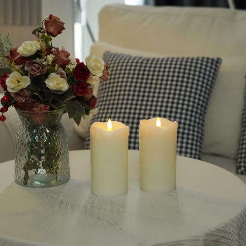 Raycare 6"x3" Dripping Wax Flameless Candles, Battery Operated LED Candles with Remote Control and Timer, Electric Fake Plastic Pillar Candles, Set of 2 - color: D3"xH6"6"-Ivory Wax