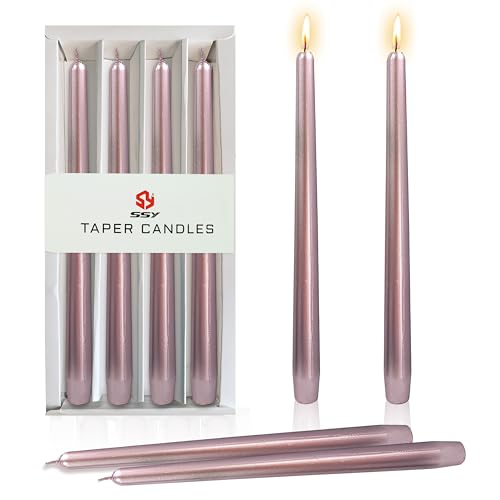 10 Inch Metal Taper Candles Handmade Set of 4 – Unscented Tapered Candles in Purple, Candlesticks Smokeless Candle Sticks for Wedding, Home Decor, and Dinner Table - color: Gold Purple