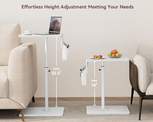 Vagusicc Sofa Armrest Tray Table for Couch - 360° Swivel Height Adjustable Side Table for Small Spaces, Snack Side Table for Bed or Chair, C Shaped End Table Snack Table for Eating Dinner Laptop - color: White, style: With Plug+Storage Bag