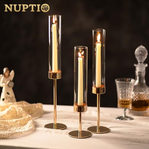 NUPTIO Candle Stick Holder for Wedding: 18 Pcs Tall Hurricane Gold Candles Holder with Clear Glass Chimney Cover - Tapered Candlestick Decor Bulk for Party Centerpiece - color: Clear, size: 18pcs