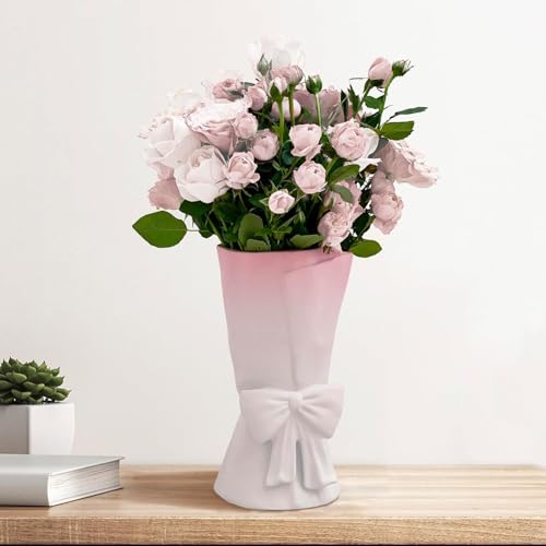 Relexome Pink White Ceramic Bow Vase 9.64 in Unique Cute Modern Decorative Bouquet Flower Vases for Home Living Room Table Decor - color: Pink White