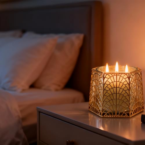 3 Wick Candle Holder, Golden Shell Design Candle Jar Holder for 4-Inch Diameter Jars (5.25" D x 3.5" H) (Golden) - color: Golden