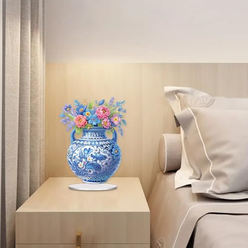 5D Tabletop Diamond Art Kit Vase, Stand Up Special Shaped Crystal Diamond Art Desktop Kits for Adults, DIY Diamond Art Painting Kits Craft Gift, Box Package (Blue) - color: Vase Bouquet