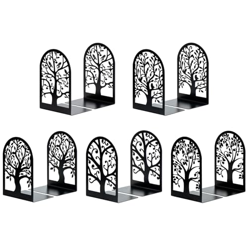 HappyHapi Book Ends, Metal Bookends for Shelves, Modern Tree Book Ends Decorative, Heavy Duty Book Holders Book Stoppers for Home Office Decor, 6.9"x4.7"x3.5" (5 Pairs/10 Pcs)