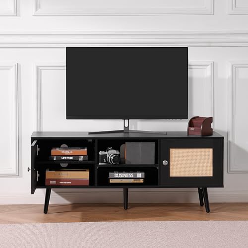 VEVOR Rattan TV Stand, Boho TV Cabinet for 55 inch TV, Mid Century Modern TV Stand, Rattan TV Console with Adjustable Shelfs for Living Room, Media Room, Black - color: Black, size: for 55" TVs