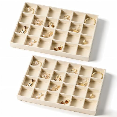 pickpiff Drawer Jewelry Organizer & Display Trays: 2pcs 24grid Velvet Stackable Jewelry Case (13.8x9.4x1.2inch) - Soft Beige Ring Storage Bracelet Holder Earring Box - size: 24 grids + 24 grids