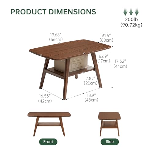 100% Solid Oak Wood Coffee Table for Living Room, 2-Tier Small Table with Storage Shelf, Mid Century Modern Coffee Tables (Walnut, 31.49" x 19.68" x 17.32") - color: Walnut Colour, size: 31.49"W x19.68" D x 17.32" H