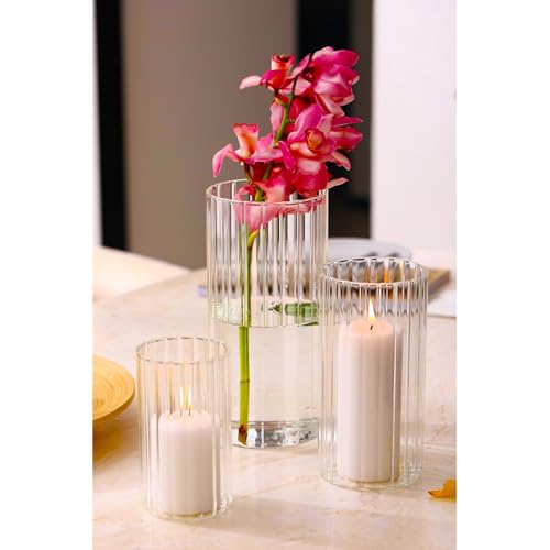 PHOSPHOR 6 PCS Ribbed Glass Candle Holder, Cylinder Candle Holders for Pillar Candles, Clear Glass Hurricane Candle Holders 6'', 8'', 10'' Glass Cylinder Centerpieces Vases - color: Striped Glass 6 Pcs