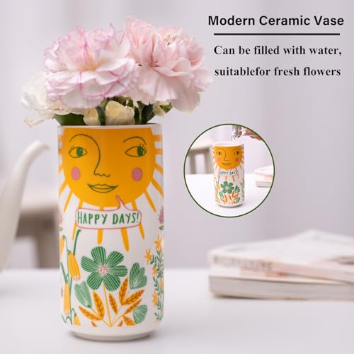 MOUGIGI Cute Small Ceramic Flower Vase-Colorful Boho Unique Round Design with Lively Smiley Patterns-Dopamine Decor Multi Use as Makeup Brush Holder, Pencil Pen Cup-Perfect for Weddings, Mother's Day - color: Sun Vase