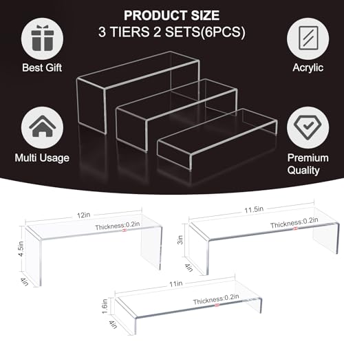 Acrylic Display Riser Stand of 6pcs, 5mm Thickness,12'' Length Tierd Display Stands, Acrylic Shelf Risers for Perfume Display,Risers for Buffet Table,Cupcake Stand,Pop Figurines,Tumbler,Food - size: 6PCS