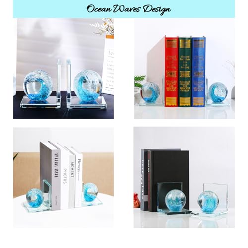 Arikyrist 1 Pair Crystal Bookends for Heavy Books with Hand Blown Ocean Waves Ball Glass Decorative Non Skid Bookends for Bookshelf Office Home (Lake Blue and Dark Green) - color: Lake Blue and Dark Green