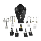 MOOCA Jewelry Display Set, Necklace Display Bust, Earring Organizer, Ring Holder Stand for Showcase and Store, Premium Fabric - color: 7) 10 piece. Black Faux Leather