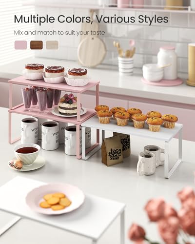 SONGMICS Cabinet Organizer Shelf, Set of 2 Kitchen Counter Shelves, Kitchen Storage, Spice Rack, Stackable, Expandable, Metal and Engineered Wood, Jelly Pink UKCS025S01 - color: Jelly Pink, size: 15.6"W