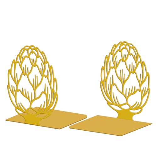 Peacoblue Metal Bookends for Shelves, Modern Decorative Heavy Duty Study Book Support Stoppers for Office Desk Shelf Room 5.3"x4.3"x6.1" Cast Iron Simple Golden Book Ends, 1 Pair (Golden Artichoke) - style: Golden Artichoke