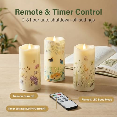 Eywamage Fiber Optic Flameless Pillar Candles with Remote Set of 3, Butterfly Floral Spring LED Candles Battery Operated Φ 3" H 6" - color: Butterfly Floral
