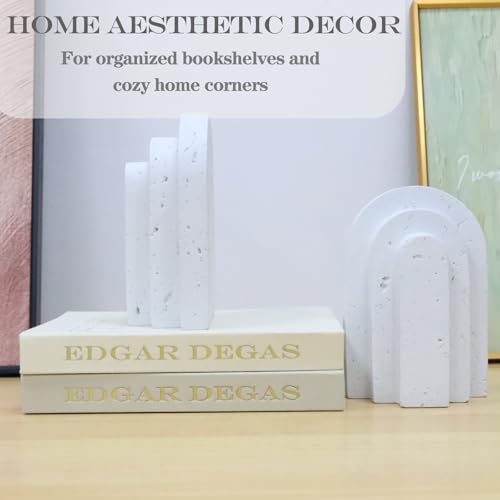 Decorative Book Ends for Shelves - Boho Aesthetic Bookends Decor - Heavy Duty Travertine Book Stopper Holder for Home Office Desk Coffee Table, Gifts for Book Lovers (White) - color: White