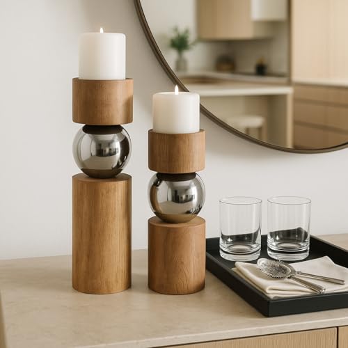 Modern Wood and Stainless Steel Candle Holders - Pillar Candlestick Holders for Table Centerpiece, Shelf, or Bedroom Decor - Decorative Candle Stand Holders for Home Decor Set of 2-13", 11" Tan