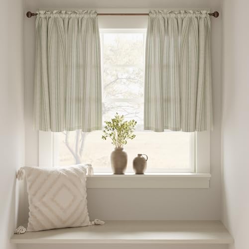 jinchan Striped Linen Kitchen Curtains 24 Inch Cafe Tier Curtains Balanced Stripe Farmhouse Small Drapes for Bathroom Laundry Over Sink Half Window Light Filtering 2 Panels Sage Green on Linen - color: Striped Green on Linen, size: 26"W x 24"L (Pack of 2)