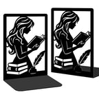 2 Pcs Metal Bookends, Unique Decorative Bookends with Reading Theme Cute Black Book Stopper for Multiple Home Styles Reading Room - style: Reading Girl