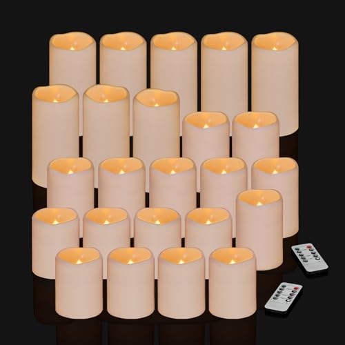 Flameless Candles 4" 5" 6" Set of 24 Ivory Outdoor Indoor Pillars 3" Diameter Battery Operated Flickering Candles Include 10-Key Remote Timer Function 400+ Hours Requires 2 AA Batteries (24 Pack) - color: Ivory Candle - Warm light, size: 3"D x 4"|5"|6" H