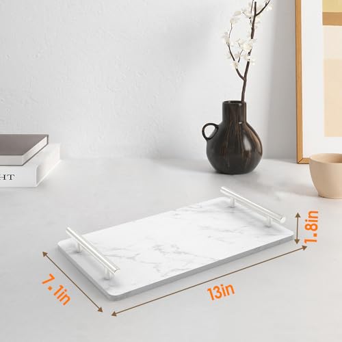 Guest Towel Holder Tray for Bathroom,Marble Bathroom Tray with Handles - Napkin Holder for Bathroom & Kitchen -Decorative Tray for Living Room & Cosmetic(Silver,Large) - color: Silver, size: 13" x 7.1" x 2"