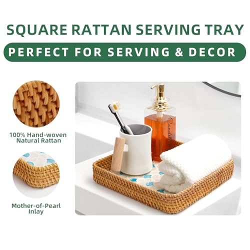 1 pcs Rectangle Rattan Serving Tray with Mother of Pearl Inlay, Decorative Wicker Tray for Coffee, Bread, Fruits, Elegant Table Decor for Living Room & Dining Room - color: Blue-blue Scale Pattern