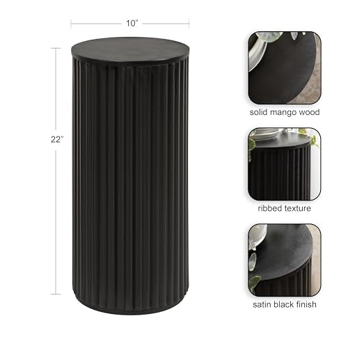 Kate and Laurel Reid Modern Wooden Ribbed Drink Table; 10 x 10 x 22; Black; Solid Wood Mini Table for Use as Pedestal Plant Stand Indoors or Small Nightstand Option - color: Black