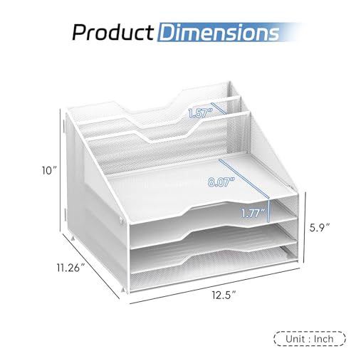Desk File Organizer, Paper Organizer with 4 Letter Trays and 2 Vertical Upright Sections, Desk Organizers and Accessories for Office, School, Home (White) - color: White
