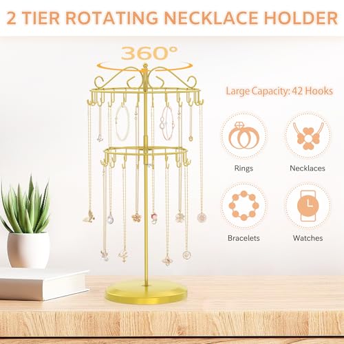 iDavosic.ly 2 Tier Rotating Necklace Holder Organizer with 42 Hooks, Adjustable Metal Bracelet Display Stand Rack, Extra Tall Keychain Spinning Tree Tower for Women, Gold - color: Gold