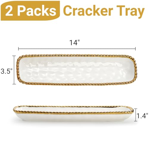 SOUJOY 2 Pack Porcelain Cracker Tray with Gold Pearl Edge, 14 Inch Rectangular Charcuterie Serving Platters, Dishwasher Safe Ceramic Cookie Plates for Cheese Ham Fruit, Perfect for Display Foods