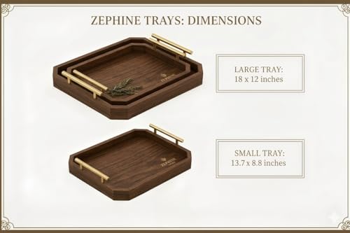 Luxury Decorative Wooden Serving Trays, Dark Brown Hexagonal Design with Gold Handles, 18x12 in/13.7x8.8 in, Modern Ottoman Tray Set of 2 for Coffee Table, Bar, Home Decor, Serving