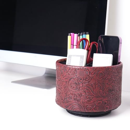 lizimandu Round Leather Art Supply Organizer,Remote Control Holder,360 Degree Spinning,Multi-Functional Pencil Holder,4 Compartments Desktop Stationary Organizer(1-Carved Red) - color: 1-Carved Red