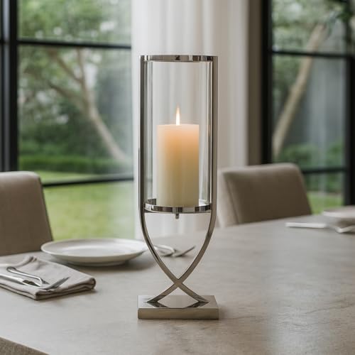 Contemporary Metal and Glass Hurricane Candle Holder - Decorative Pillar Candlestick Holder for Table Centerpiece - Elegant Home Decor Accents for Any Special Occasion Decoration - 23" Silver - color: Silver, size: 23"