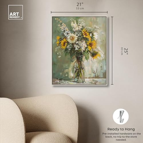 Art Remedy Sunflowers In A Glass Vase Canvas Vintage Farmhouse Wall Art, Silver Frame, 20" x 24" - color: Silver Frame, size: 25"L x 21"W