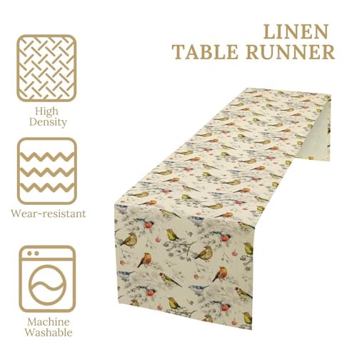 Retro Birds Floral Table Runner Colorful Cartoon Nature Birds Branches Printed Design Kitchen Dining Table Decoration for Home Party Decor Table Runners 13x36in - color: Beige-yellow, size: 13x36in